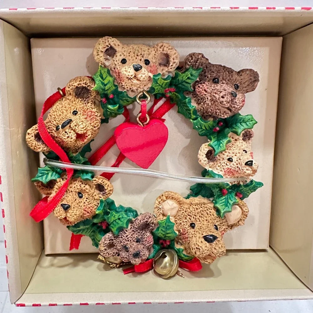 Kurt S Adler Holly Bearies Teddy Bear Christmas Ornaments Set of 2 Hearts Wreath